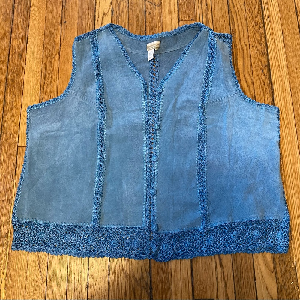 Coldwater Creek Womens 100% Leather Blue Vest Size 3X Crochet Western Bohemian